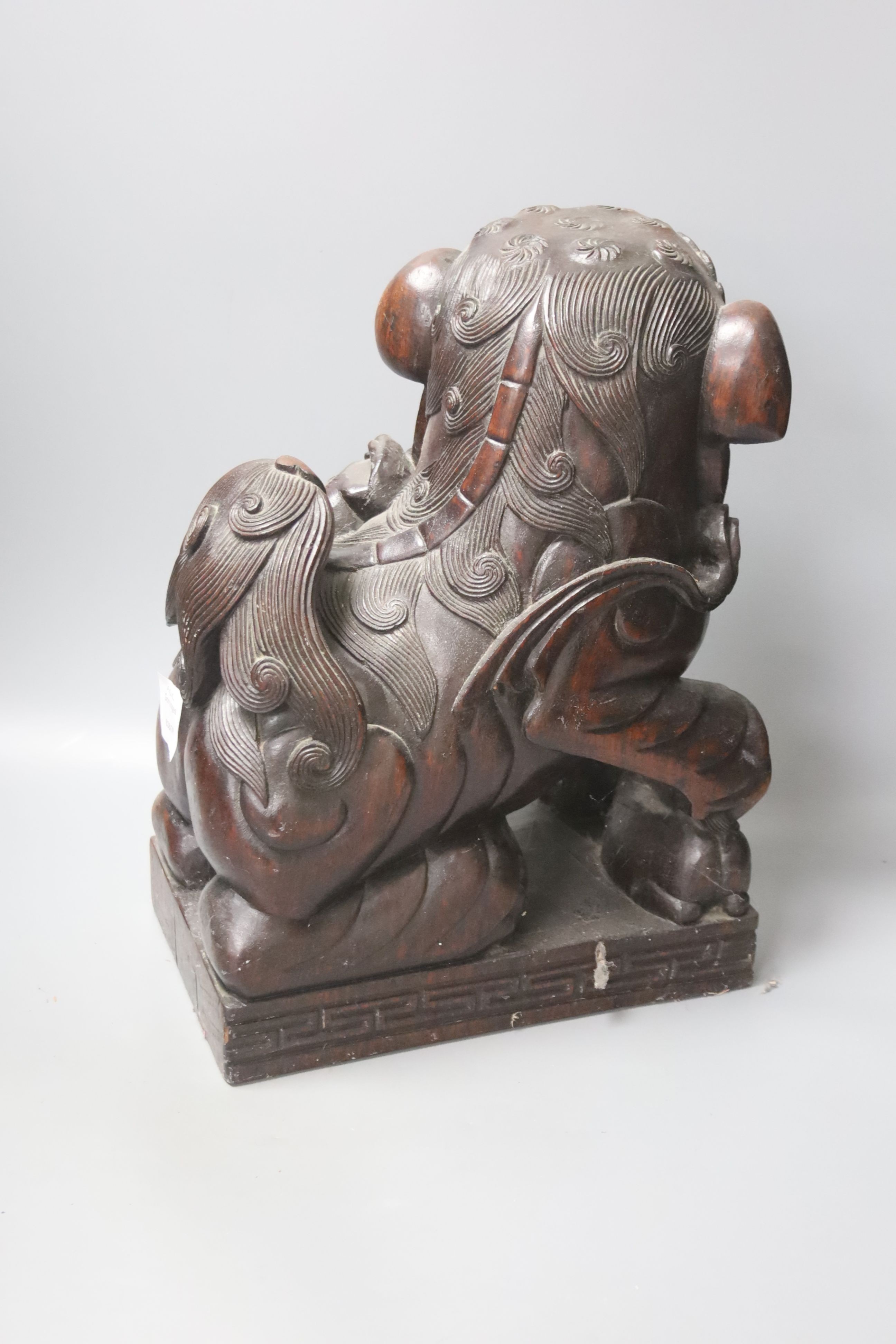 A pair of Chinese carved hardwood Buddhist lions, width 26cm height 37cm